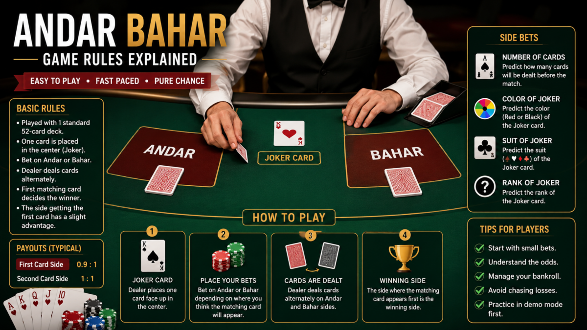 Dealer playing Andar Bahar card game with Andar and Bahar betting sections on casino table