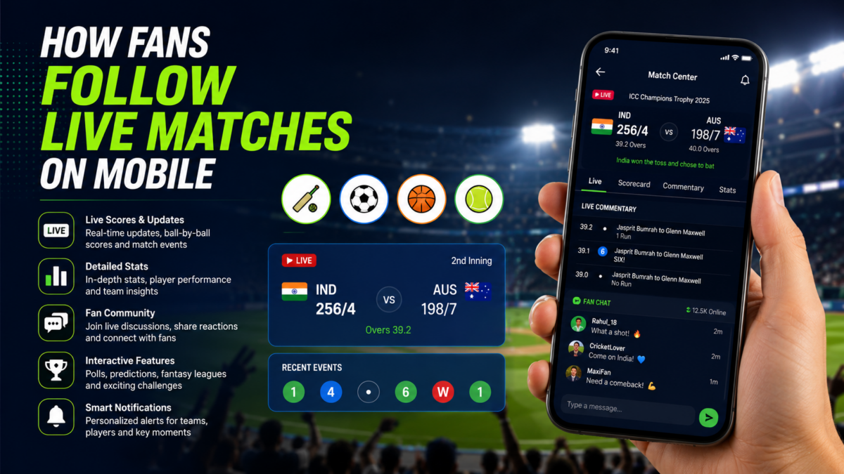 Sports fans using mobile apps to follow live matches with scores, stats, and real-time updates