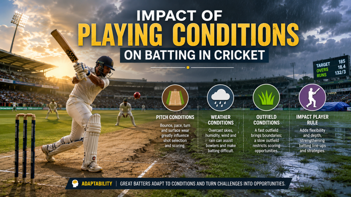Cricket batter playing a shot on a pitch affected by weather and playing conditions during a competitive match