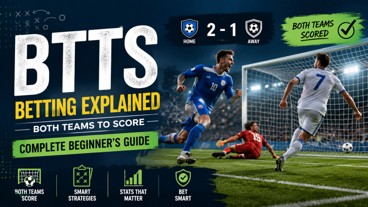Football match showing both teams scoring a goal, explaining the BTTS (Both Teams To Score) betting market for beginners.