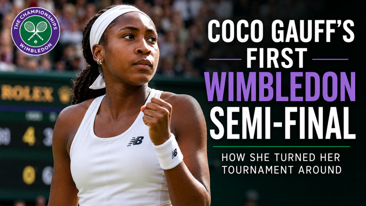 Coco Gauff celebrates after reaching her first Wimbledon semi-final following a comeback victory during the 2026 Championships.