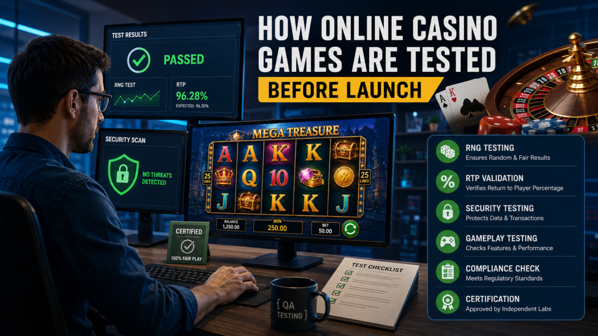 Developer testing an online casino game for RNG fairness, security, and gameplay quality before its official launch