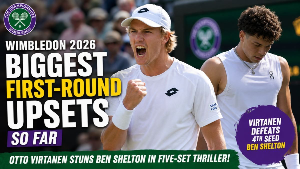 Otto Virtanen celebrates after upsetting Ben Shelton during the first round of Wimbledon 2026 at the All England Club.