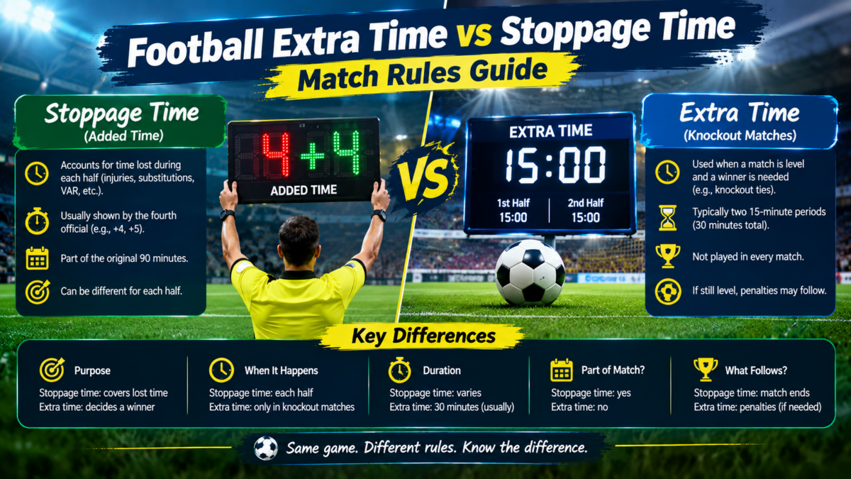 Football extra time vs stoppage time comparison showing a referee, match clock, added minutes and extra-time periods on a football pitch.