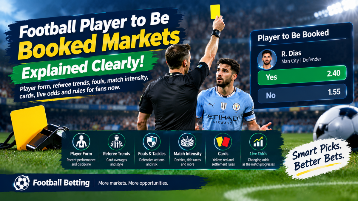 Football player to be booked markets showing yellow cards, player statistics, referee trends, live odds and football betting option