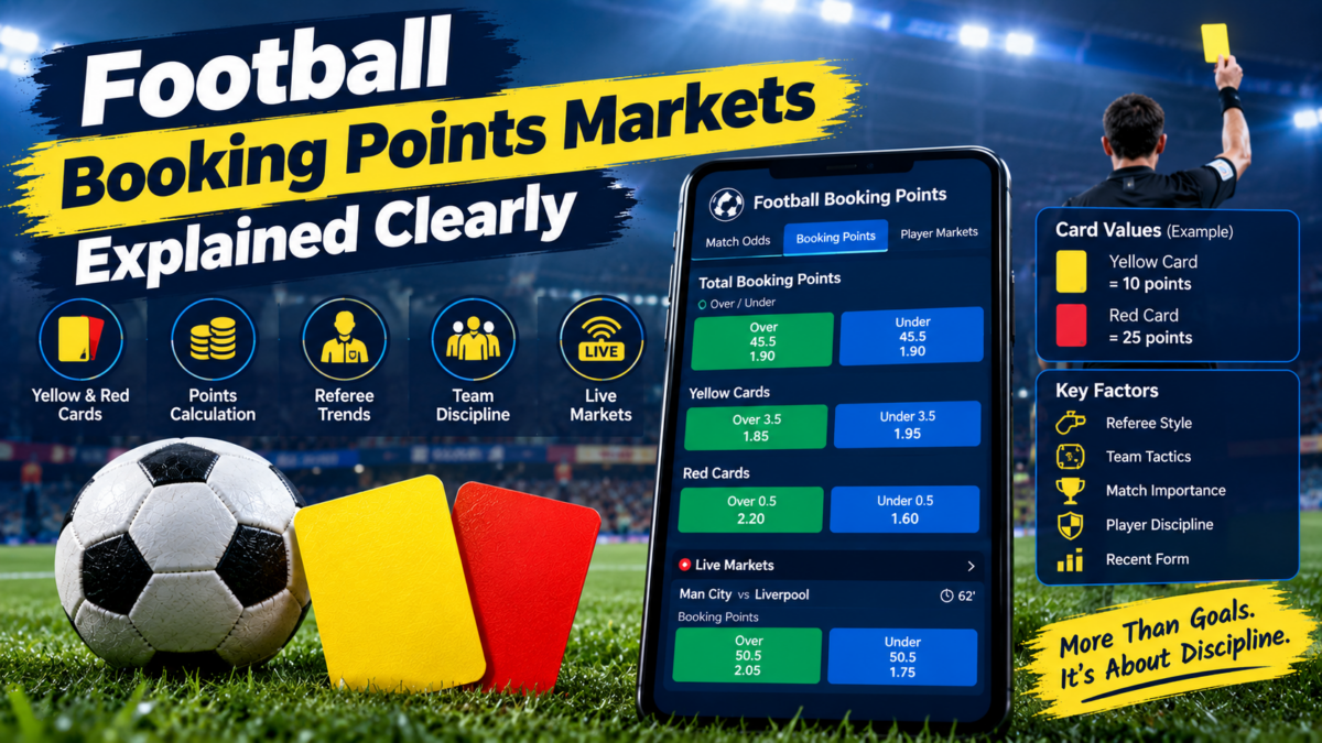 Football booking points markets showing yellow and red card values, points lines, referee statistics, and live betting options on screen