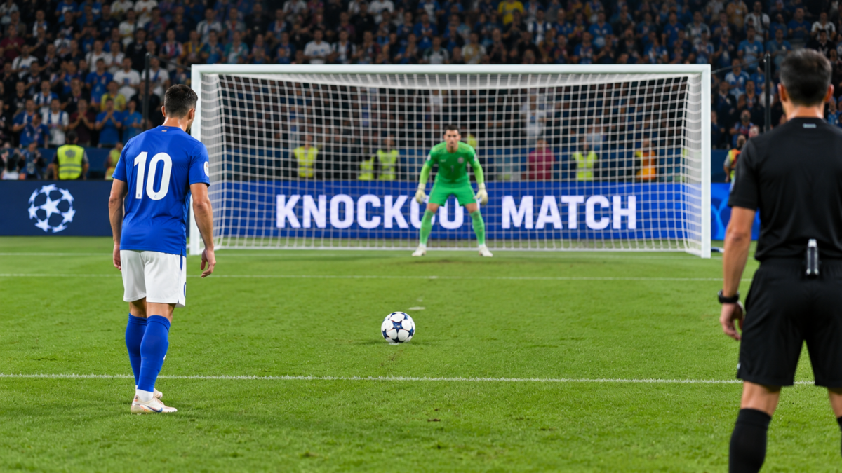 Football players preparing for a penalty shootout in a knockout match