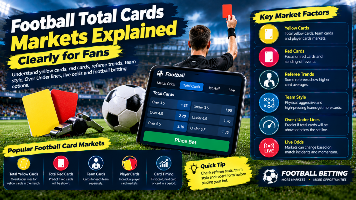 Football total cards markets showing yellow cards, red cards, referee statistics, Over Under lines, live odds and football betting options